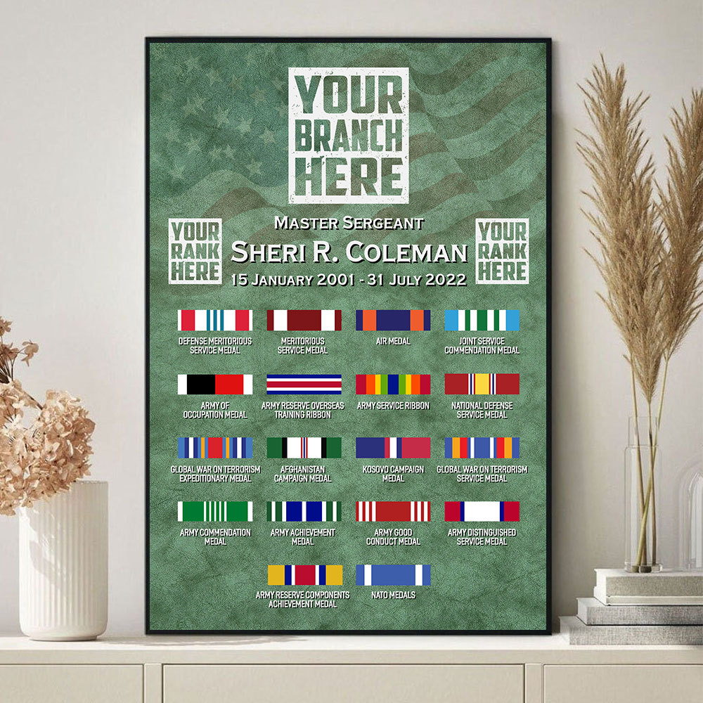 Custom Canvas and Poster For Veteran Custom Veteran Information Rank Medal Ribbon Canvas For Veteran Proud Served K1702